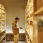 un homme examine un paquet de graines dans une boutique spécialisée à l’éclairage chaleureux.