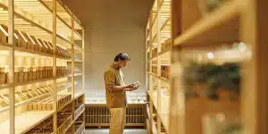 un homme examine un paquet de graines dans une boutique spécialisée à l’éclairage chaleureux.