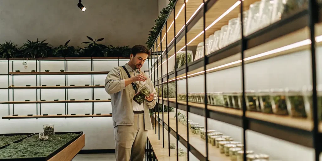 un homme prépare des bocaux de plantes dans une boutique moderne et bien éclairée.