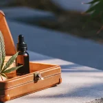 Gros plan d’une feuille de cannabis couverte de trichomes scintillants, avec nervures détaillées et texture naturelle visible.