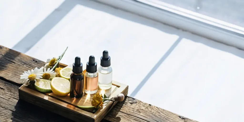 Huiles de cannabis en flacons avec agrumes et fleurs fraîches, présentées sur une surface en bois éclairée naturellement.