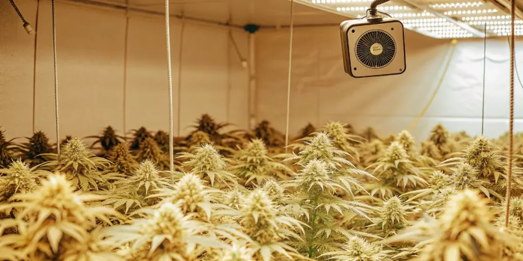 Indoor cannabis grow room éclairé par LED avec de grandes têtes résineuses sous ventilation.