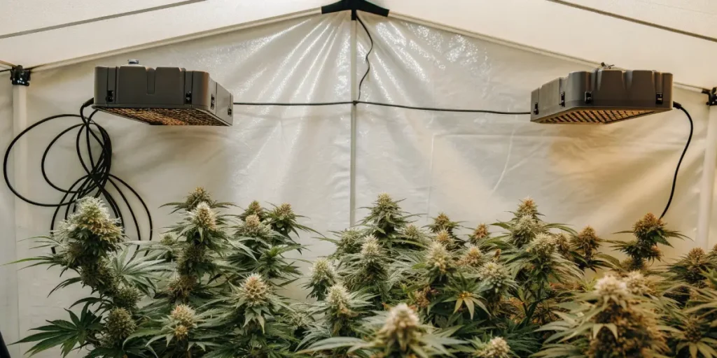 Indoor cannabis led setup avec de grandes têtes résineuses éclairées par deux panneaux LED.