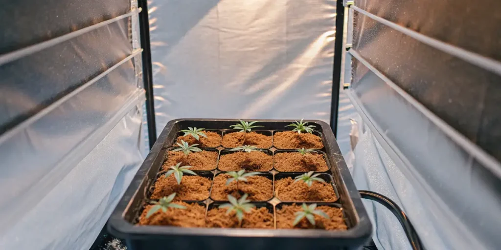 Jeunes plants de cannabis cultivés dans une barquette de culture indoor sous lumière artificielle.