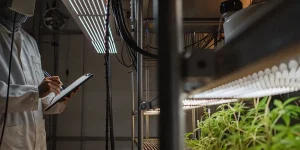 Technicien en blouse blanche contrôlant des plants de cannabis sous des lampes LED dans un laboratoire moderne.