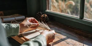une main attache délicatement un petit bouquet d’herbes séchées près d’une fenêtre ensoleillée.