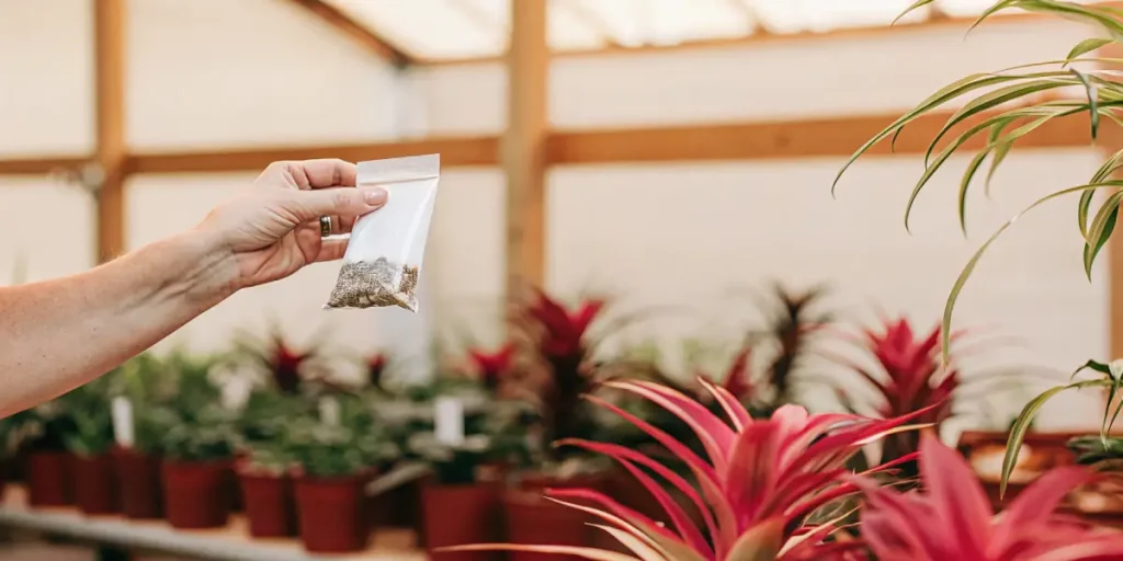 une main montre un sachet transparent contenant des graines dans une serre remplie de plantes colorées.