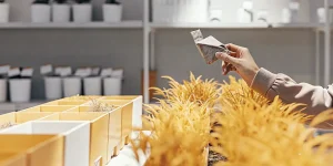 une main tient un petit sachet de graines au-dessus de plantes décoratives dans une boutique de jardinage.