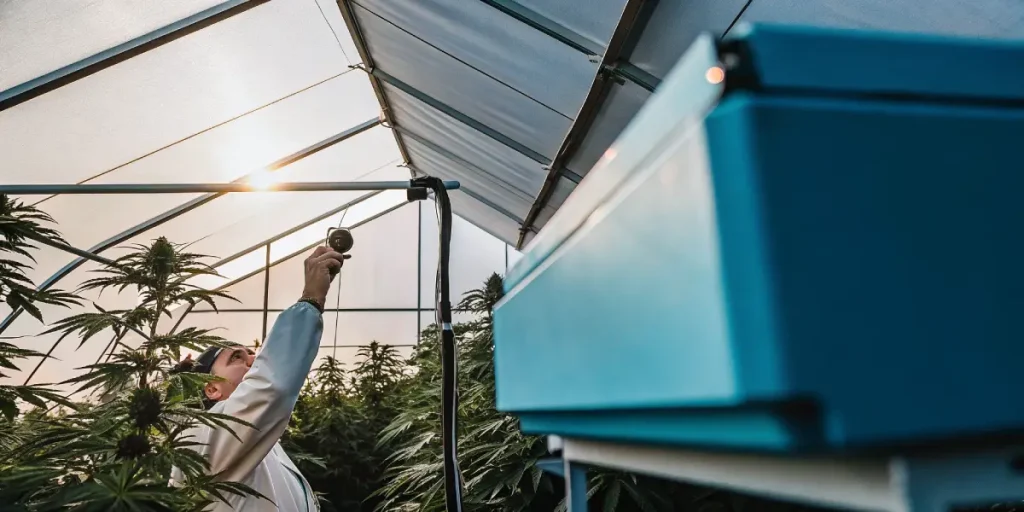 Chercheur en blouse blanche utilisant un luxmètre pour mesurer la lumière dans une serre de cannabis.