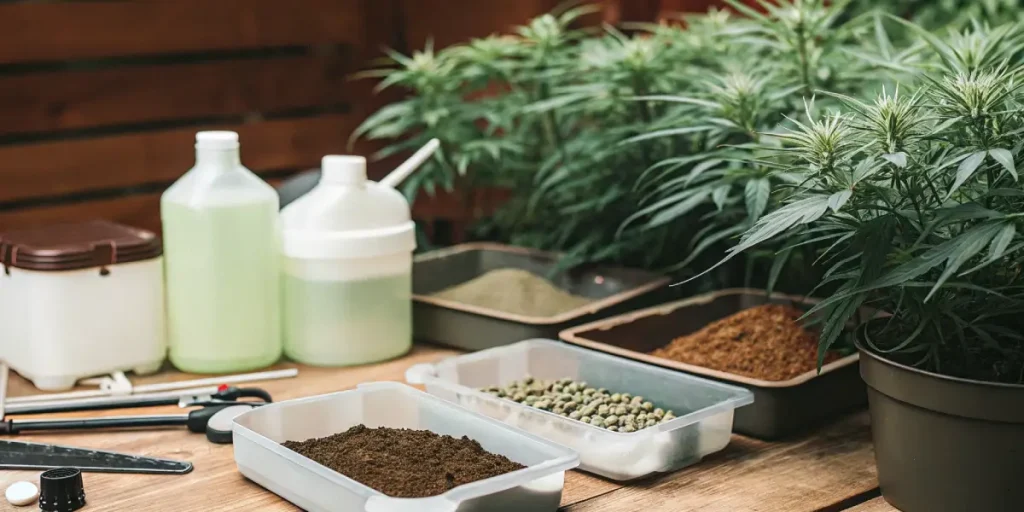 nutriments et engrais organiques disposés à côté de plants de cannabis