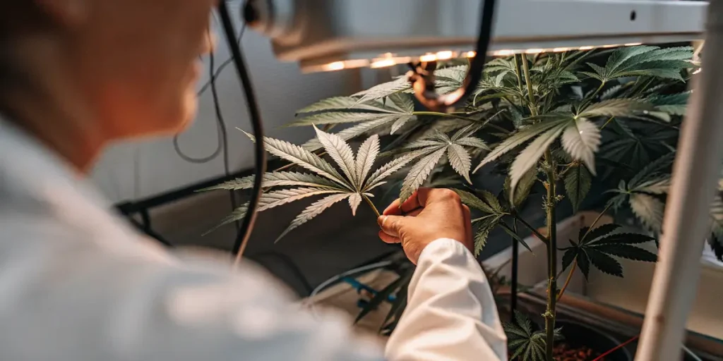 Chercheur observant les feuilles d'une plante de cannabis sous lampe LED dans un laboratoire de culture.