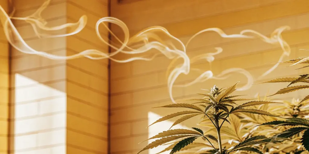 plante de cannabis avec des volutes de fumée sous une lumière dorée
