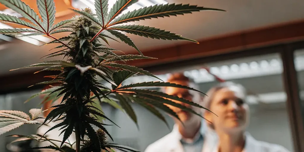 plante de cannabis en floraison observée par des chercheurs en laboratoire spécialisé