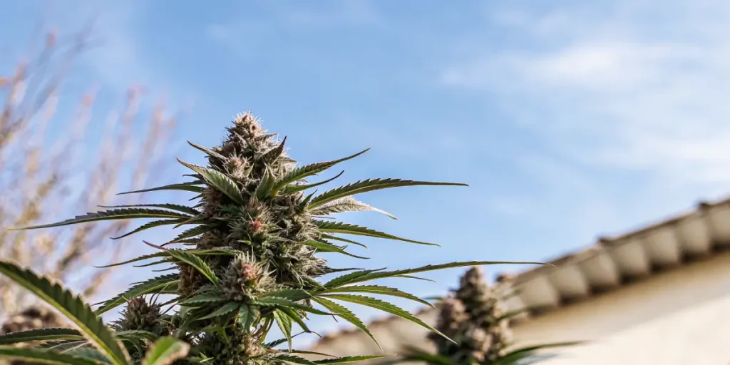 Plante de cannabis en floraison cultivée en extérieur, avec fleurs denses, feuilles vertes et ciel bleu en arrière-plan.