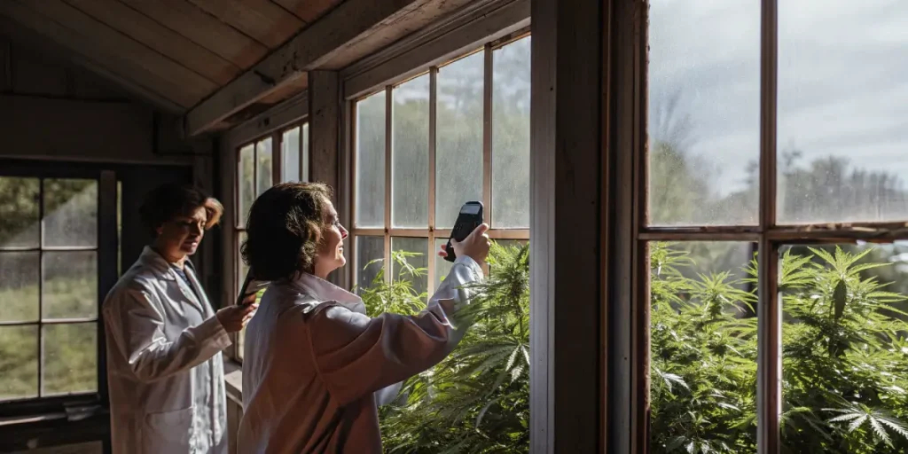 Plante de cannabis en floraison sous serre avec un éclairage naturel filtré