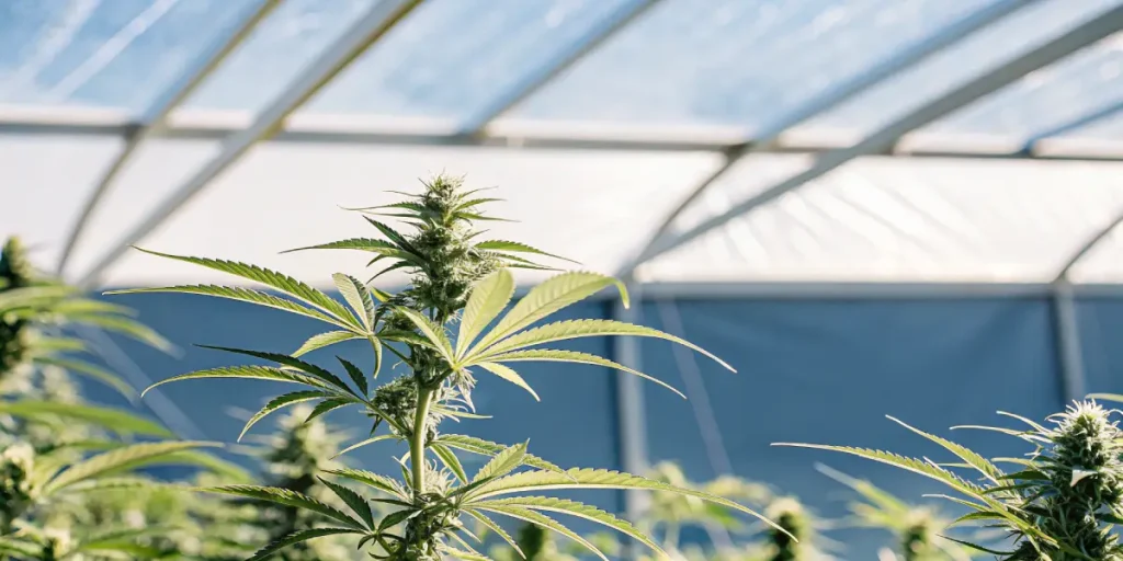 une plante de cannabis verte pousse sous la lumière naturelle dans une serre moderne.