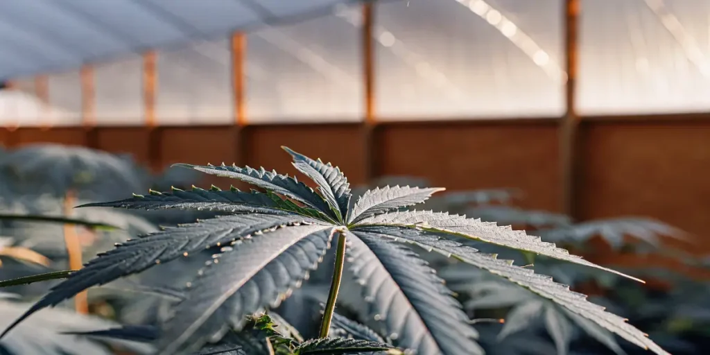 Plantes de cannabis en pleine floraison sous lumière naturelle dans une serre.