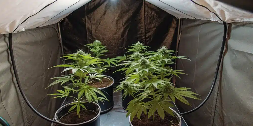 Plantes de cannabis en stade végétatif dans une tente de culture intérieure équipée de lumière et ventilation.