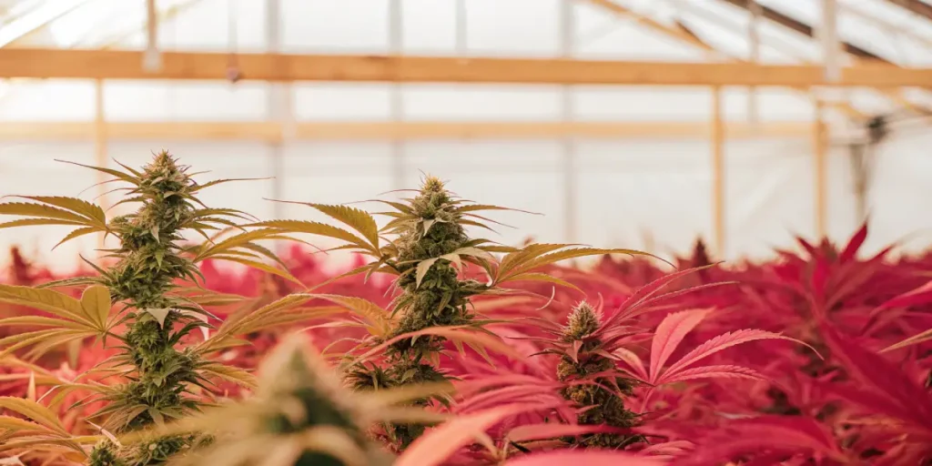 plantes de cannabis aux feuilles rouges cultivées dans une serre éclairée.
