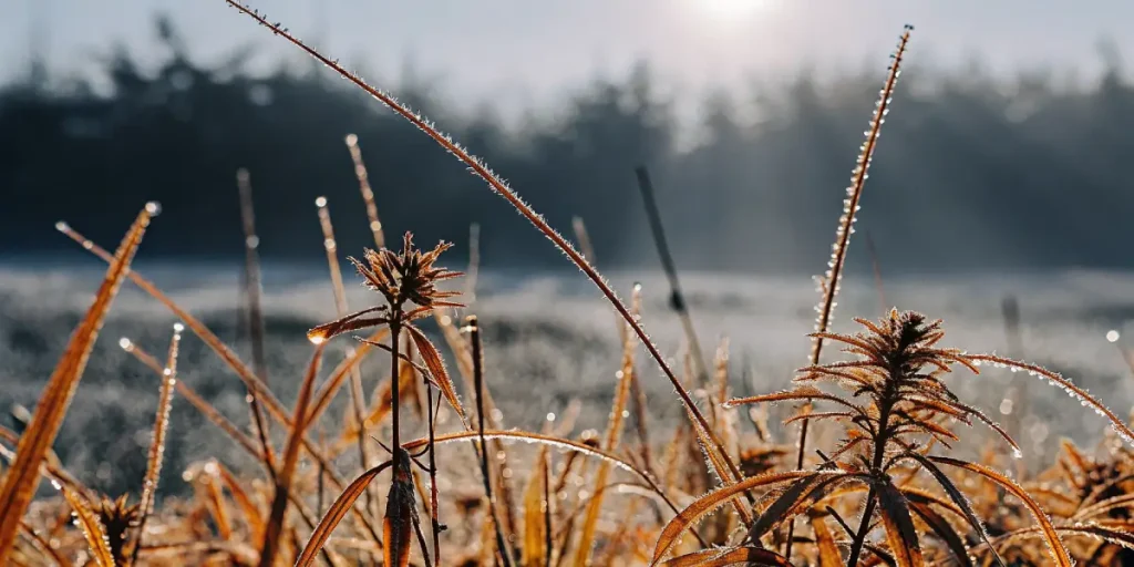 Plantes de cannabis recouvertes de rosée matinale avec trichomes visibles dans un environnement extérieur naturel.