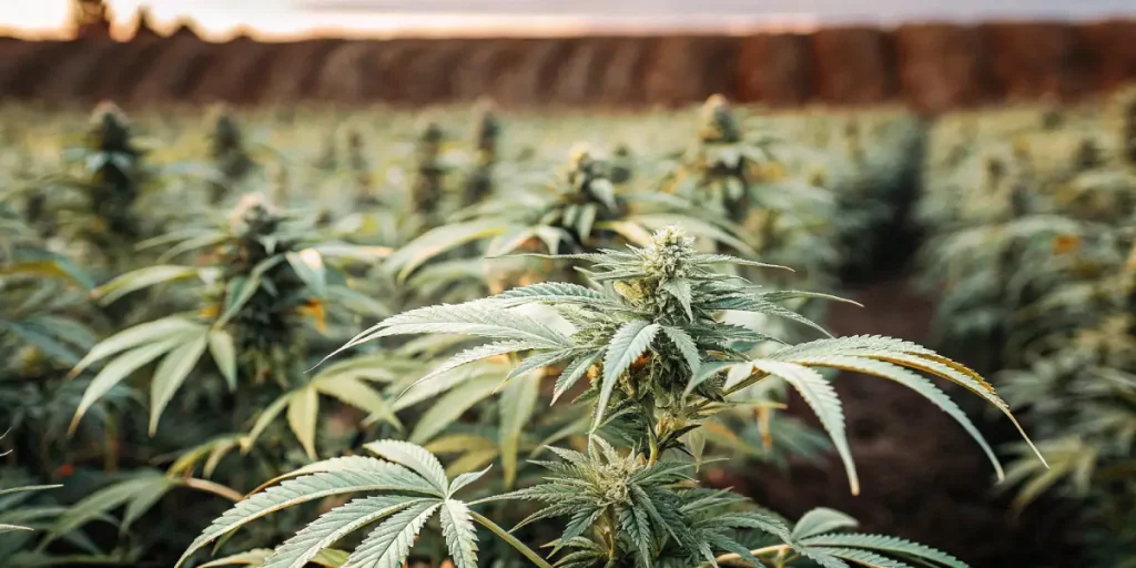 plantes de cannabis en floraison cultivées en plein champ avec des rangées bien définies