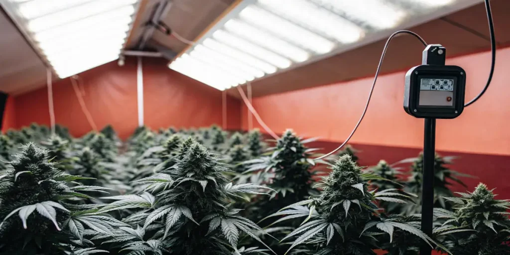 Salle de culture de cannabis en intérieur avec éclairage LED et capteurs environnementaux.
