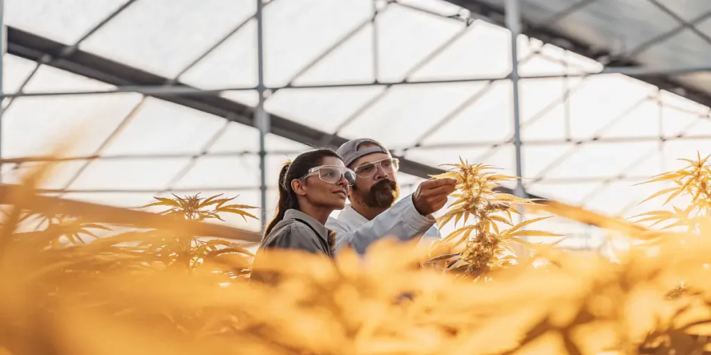 Sélectionneurs de cannabis observant des plantes matures sous serre moderne.