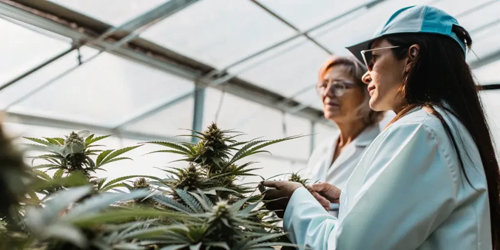 Sélectionneuses de cannabis analysant des plantes en floraison dans une serre professionnelle.
