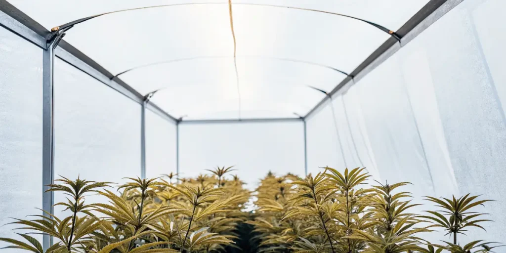 Jeunes plantes de cannabis cultivées dans une serre blanche lumineuse avec structure métallique.