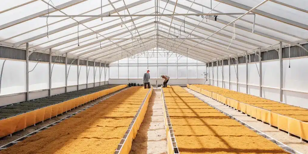 Deux cultivateurs préparant de longues rangées de substrat dans une grande serre agricole.