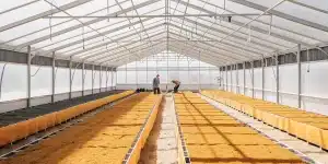 Deux cultivateurs préparant de longues rangées de substrat dans une grande serre agricole.