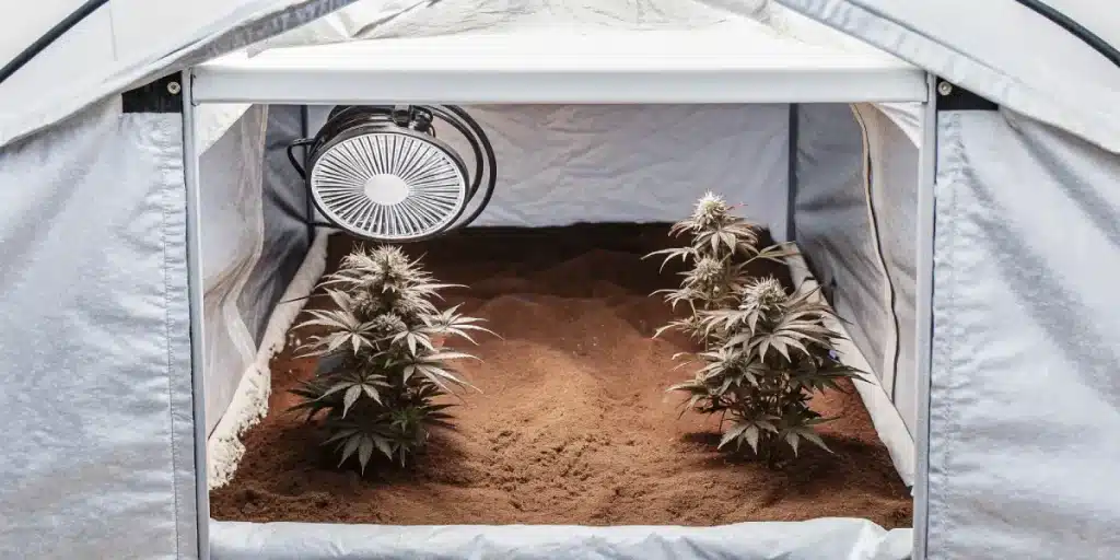 Small indoor grow tent plants sous LED avec trois jeunes plants de cannabis sur substrat brun.