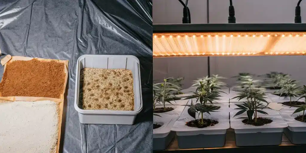 Matériaux de substrat pour la culture du cannabis en intérieur, incluant coco, tourbe et mélange organique.