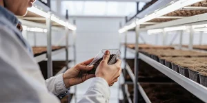 un technicien agricole examine des graines dans un laboratoire de culture intérieure.