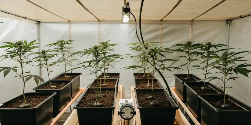 Plantes de cannabis poussant dans une tente de culture sous lampe.