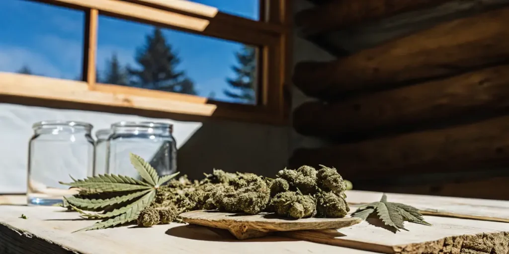 Têtes de cannabis posées sur un plateau en bois avec des feuilles vertes, éclairage naturel et ambiance artisanale