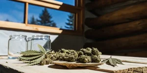 Têtes de cannabis posées sur un plateau en bois avec des feuilles vertes, éclairage naturel et ambiance artisanale