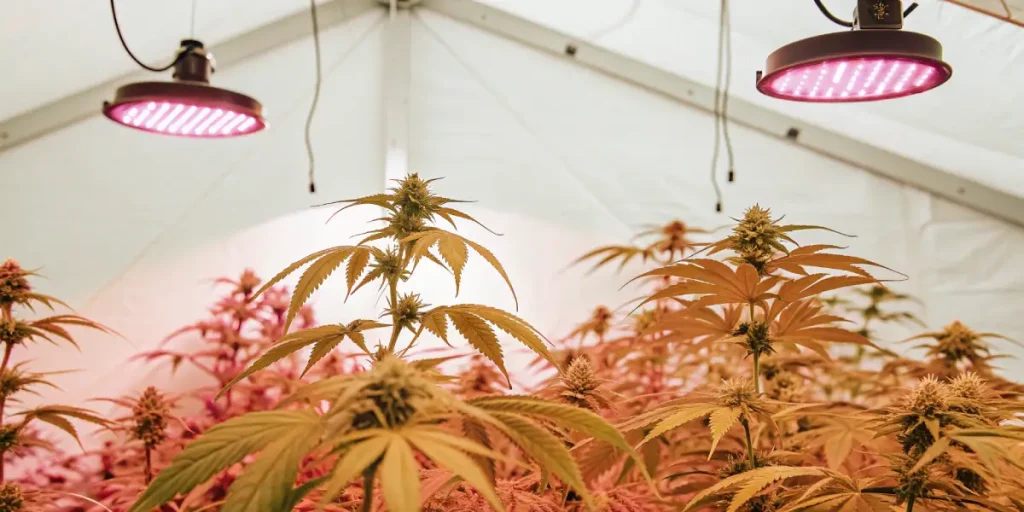 Culture de cannabis sous lampes LED roses dans une serre intérieure moderne