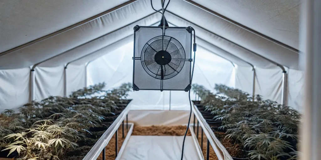 Ventilateur suspendu dans une serre intérieure remplie de jeunes plantes de cannabis en pots.