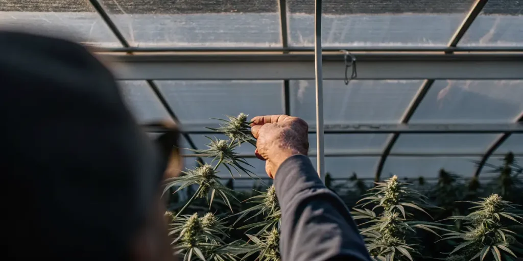Un agriculteur expérimenté inspecte attentivement des bourgeons de cannabis en pleine floraison dans une serre, vérifiant la maturité des têtes et l'état général des plantes sous lumière naturelle.