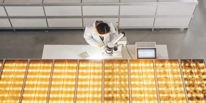 Scientifique analysant des échantillons de cannabis sous éclairage LED dans un laboratoire de recherche moderne.