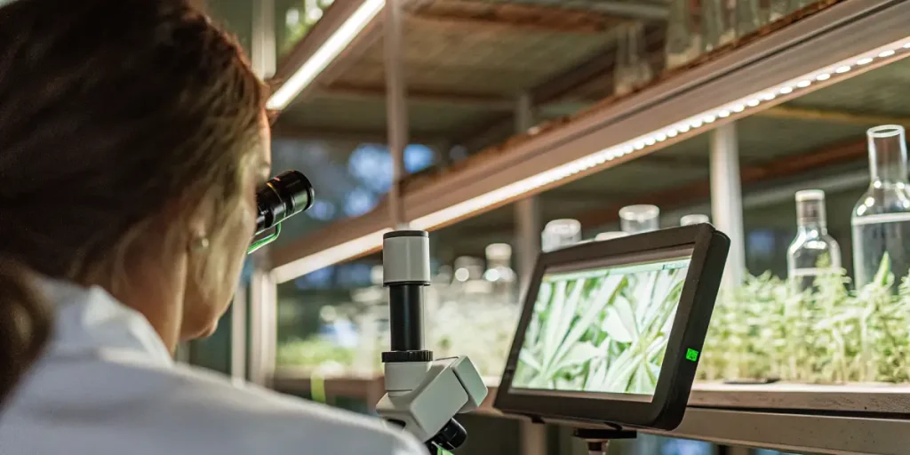 Analyse scientifique de feuilles de cannabis avec microscope numérique et écran de contrôle en laboratoire.