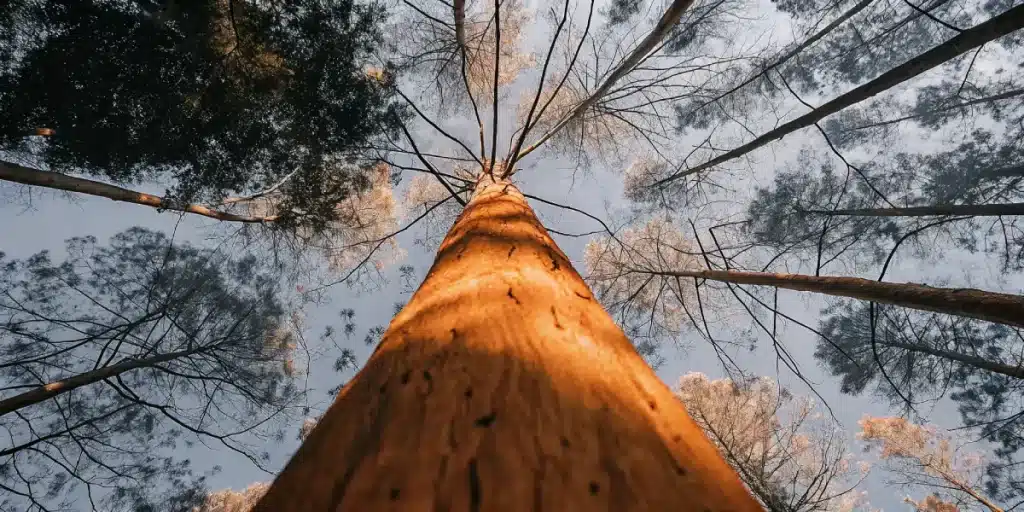 Arbre dominant observé en contre-plongée dans une forêt dense, avec tronc massif et canopée élevée.