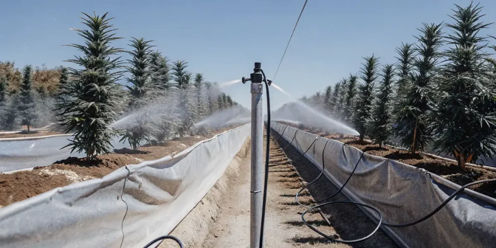 Culture de cannabis en extérieur avec système d’irrigation automatique arrosant les plantes sous un ciel ensoleillé.