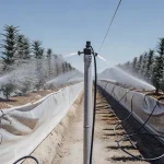 Culture de cannabis en extérieur avec système d’irrigation automatique arrosant les plantes sous un ciel ensoleillé.