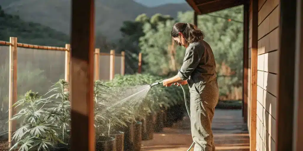 Arrosage manuel de plantes de cannabis en culture extérieure, avec jet d’eau contrôlé et environnement naturel.