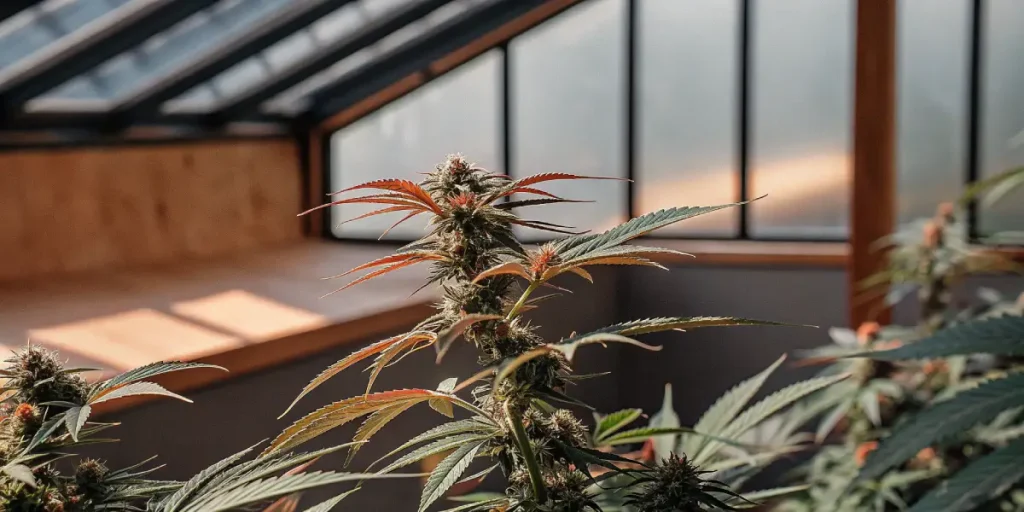 Bourgeon apical de cannabis avec feuilles aux teintes orangées dans une serre en fin de floraison.