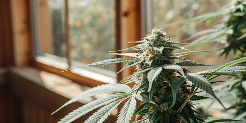 Bourgeon de cannabis exposé à la lumière naturelle près d'une fenêtre en intérieur