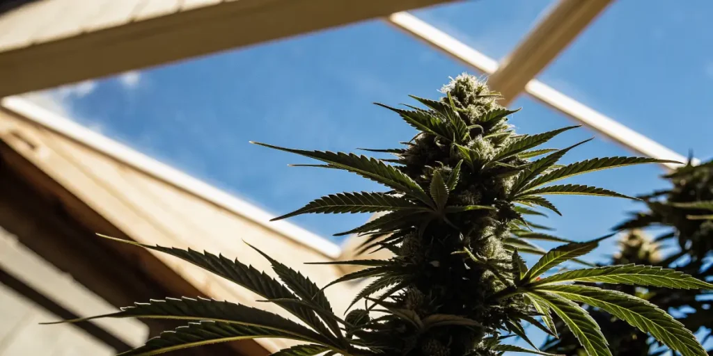 Bourgeon principal de cannabis en croissance avancée sous une serre vitrée