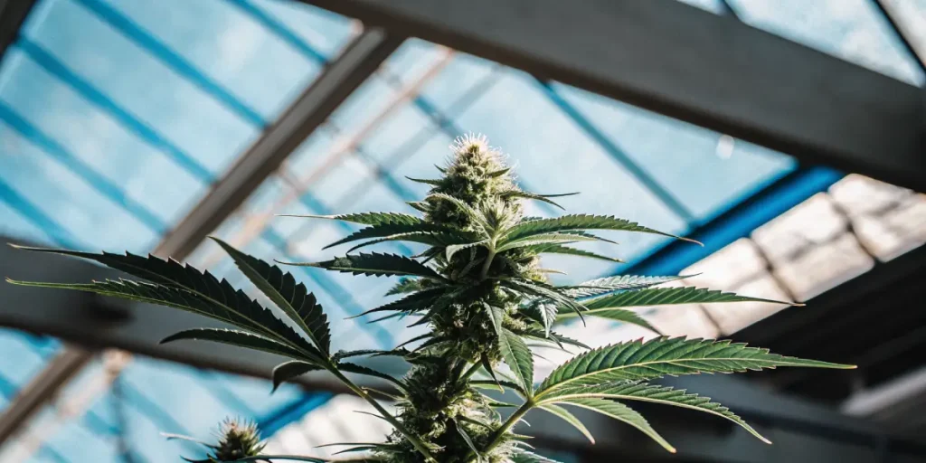 Tall cannabis cola growing under a glass greenhouse roof during the flowering phase.